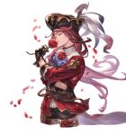  1boy aoidos boots closed_eyes cravat cropped_legs flower granblue_fantasy hat hat_feather long_hair male_focus minaba_hideo official_art petals pirate_costume pirate_hat red_hair rose solo thigh_boots thighhighs transparent_background white_day 