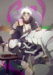  1boy arm_tattoo black_hair black_jacket black_pants bottle bracelet chair clenched_teeth commentary_request crossed_legs cup eyewear_on_head gen_3_pokemon gen_7_pokemon glint golisopod guzma_(pokemon) highres holding holding_cup hood hooded_jacket jacket jewelry liquid looking_at_viewer male_focus mug multicolored_hair no-kan paint_splatter pants pokemon pokemon_(creature) pokemon_(game) pokemon_sm shirt shoes short_sleeves sitting skitty smile sparkle steam sunglasses table tattoo team_skull teeth two-tone_hair undercut watch white_footwear white_hair white_shirt wristwatch yellow-framed_eyewear 