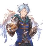  1boy altair_(granblue_fantasy) belt blue_hair blue_shirt cookie feathers food gauntlets gift glasses granblue_fantasy incoming_gift male_focus minaba_hideo official_art parted_lips pov shirt smile solo transparent_background white_day wings yellow_eyes 