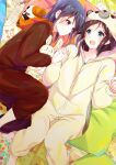  2girls :d animal_costume bed blanket blue_eyes blue_hair blush brown_hair closed_mouth hibike!_euphonium holding holding_hands holding_stuffed_toy hood indoors kasaki_nozomi komugiko liz_to_aoi_tori long_hair long_sleeves looking_at_another lying multiple_girls on_back on_side onesie open_mouth pajamas pillow red_eyes smile stuffed_animal stuffed_bunny stuffed_toy yoroizuka_mizore 