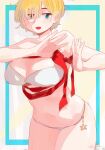  1girl :d bare_arms bare_shoulders bikini blonde_hair blue_eyes breasts cleavage cowboy_shot hands_up highres huge_breasts legs_together navel open_mouth original red_ribbon ribbon ryusei_hashida short_hair smile solo standing swimsuit tying white_bikini 