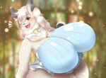  anthro big_breasts blush breasts chest_tuft cleavage clothed clothing female fur hi_res huge_breasts hyper hyper_breasts kify mammal one_eye_closed solo thick_thighs tuft white_body white_fur 