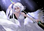  1girl bare_shoulders breasts character_request dress feathers hair_between_eyes halter_dress halterneck highres holding holding_weapon jewelry looking_at_viewer medium_breasts necklace parted_lips short_hair silver_hair solo tower_of_saviors vardan weapon weapon_request white_dress white_wings wings yellow_eyes 