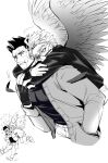  2boys absurdres alternate_costume arms_around_neck blush boku_no_hero_academia casual chibi chibi_inset couple cropped_legs facial_hair feathered_wings greyscale hawks_(boku_no_hero_academia) helen_roro highres hug hug_from_behind jacket leaning_forward male_focus mature_male monochrome multiple_boys muscular muscular_male open_clothes open_jacket pectorals scar scar_across_eye shirt short_hair sideburns spiked_hair stubble tight tight_shirt todoroki_enji wings yaoi 