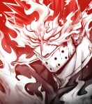  1boy absurdres angry blood bodysuit boku_no_hero_academia face fire frown greyscale helen_roro highres male_focus mask mature_male monochrome mouth_mask muscular muscular_male portrait red_theme short_hair sideburns solo spiked_hair todoroki_enji 