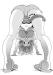  1girl :3 absurdres all_fours ass bracelet breasts flip-flops from_behind greyscale highres idolmaster idolmaster_cinderella_girls jewelry large_breasts legband midriff monochrome moroboshi_kirari navel open_mouth sandals short_shorts shorts sleepfool smile solo 