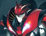  1boy black_background black_sclera colored_sclera decepticon english_commentary english_text glowing headlight knockout_(transformers) looking_ahead male_focus mecha no_humans red_eyes sarah_stone science_fiction smirk solo transformers transformers_prime upper_body 