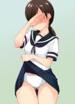  1girl breasts collarbone covered_eyes covering_eyes highres kantai_collection kawamura_tsukasa medium_breasts panties sailor_collar school_uniform serafuku shaded_face shirayuki_(kancolle) short_sleeves skirt skirt_lift solo underwear 