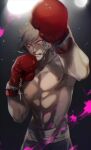  1boy abs alternate_costume bangs blonde_hair blood boxer boxing_gloves brown_hair commentary_request cowboy_shot danganronpa_(series) danganronpa_3_(anime) gloves glowing hat highres male_focus muscular nipples no-kan pectorals pink_blood purple_eyes red_gloves sakakura_juuzou shirtless short_hair shorts solo sweat white_hair 