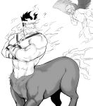  2boys ? abs absurdres bara beard blush boku_no_hero_academia centaur chest_harness crossed_arms facial_hair feathered_wings fire flying greyscale harness hawks_(boku_no_hero_academia) helen_roro highres large_pectorals male_focus mature_male monochrome monsterification multiple_boys muscular muscular_male navel nipples scar scar_across_eye short_hair sideburns spiked_hair stubble tail todoroki_enji wings yaoi 