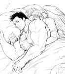  2boys absurdres arm_hair bara bare_shoulders blush boku_no_hero_academia casual character_doll contemporary couple cuddling facial_hair grabbing greyscale hawks_(boku_no_hero_academia) helen_roro highres large_pectorals lying male_cleavage male_focus mature_male monochrome multiple_boys muscular muscular_male on_bed on_side pectoral_grab scar scar_across_eye short_hair sideburns sleeping spiked_hair stubble tank_top todoroki_enji white_tank_top yaoi 