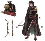  1boy 1girl absurdres armor arrow_(projectile) black_cloak black_hair black_pants boots bow_(weapon) brown_hair character_name character_request character_sheet chinese_clothes cloak copyright_request full_body gloves highres holding holding_arrow male_focus multiple_views official_art pants quiver short_hair shoulder_armor standing sword vardan weapon white_background yellow_eyes 