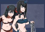  2girls bangs black_hair breasts caveman cleavage eyebrows_visible_through_hair fang fang_out gyosone hair_between_eyes horns kill_la_kill kiryuuin_satsuki long_hair looking_at_viewer matoi_ryuuko medium_breasts multiple_girls red_horns short_hair single_horn 