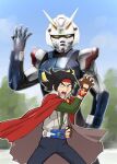  armor belt black_hair cape domon_kasshu fingerless_gloves g_gundam gloves gundam headband helmet henshin highres kamen_rider male_focus mask open_mouth shining_gundam ueyama_michirou 