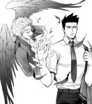  2boys absurdres blush boku_no_hero_academia feathered_wings fire flying formal greyscale hawks_(boku_no_hero_academia) helen_roro highres looking_to_the_side male_focus monochrome multiple_boys necktie pectorals pushing_away scar scar_across_eye shirt short_hair sideburns spiked_hair todoroki_enji toned toned_male wings yaoi younger 
