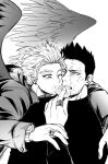  2boys absurdres alternate_costume blush boku_no_hero_academia casual couple facial_hair feathered_wings greyscale hawks_(boku_no_hero_academia) helen_roro highres jewelry male_focus mature_male monochrome multiple_boys one_eye_closed ring scar scar_across_eye shared_food short_hair sideburns spiked_hair stubble todoroki_enji upper_body watch wings wristwatch yaoi 