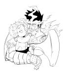  2boys absurdres armor beard bodysuit boku_no_hero_academia carrying child cropped_torso eye_contact facial_hair fire greyscale hawks_(boku_no_hero_academia) helen_roro highres looking_at_another male_focus mature_male monochrome multiple_boys muscular muscular_male pauldrons pectorals short_hair shoulder_armor sideburns spiked_hair stubble todoroki_enji 