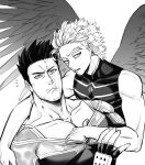  2boys absurdres bare_shoulders bodysuit boku_no_hero_academia collarbone couple facial_hair feathered_wings flying grabbing greyscale hawks_(boku_no_hero_academia) helen_roro highres large_pectorals looking_at_viewer male_cleavage male_focus mature_male monochrome multiple_boys muscular muscular_male pectoral_grab pulled_by_another scar scar_across_eye shirt shirt_pull short_hair sideburns sleeveless sleeveless_shirt spiked_hair spread_wings stubble todoroki_enji upper_body wings yaoi 