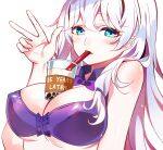  1girl blue_eyes bra breasts bubble_tea bubble_tea_challenge deany large_breasts long_hair looking_at_viewer older purple_bra solo soul_worker stella_unibell underwear white_background white_hair 