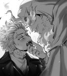  2boys absurdres blush boku_no_hero_academia breath cloak couple eye_contact facial_hair from_side greyscale hawks_(boku_no_hero_academia) helen_roro highres hood hood_up hooded_cloak large_pectorals looking_at_another male_focus mature_male monochrome multiple_boys muscular muscular_male profile scar scar_across_eye short_hair sideburns spiked_hair stubble todoroki_enji tongue tongue_out upper_body yaoi 