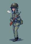  1girl assault_rifle belt black_eyes black_hair dark_skin dark_skinned_female english_commentary erica_(naze1940) gloves grey_gloves gun helmet highres holding holding_gun holding_weapon looking_at_viewer m1_carbine military original parted_lips ponytail pouch rifle solo weapon 