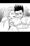 2boys abs absurdres bara blush boku_no_hero_academia censored chest_hair completely_nude couple cum cum_on_body cum_on_pectorals ejaculation facial_hair greyscale hawks_(boku_no_hero_academia) helen_roro hickey highres implied_anal implied_sex large_pectorals leg_grab male_focus mature_male monochrome multiple_boys muscular muscular_male nude pectorals scar scar_across_eye short_hair sideburns spiked_hair stubble tearing_up todoroki_enji yaoi 