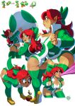  1girl arms_up ass backpack bag bent_over bow bra braid breasts buruma carrying character_sheet cleavage collared_jacket creature_and_personification cropped_legs earrings egg egg_earrings french_braid full_body green_bow green_eyes green_legwear hair_bow hands_up high_collar highres jacket jewelry large_breasts leaning_forward lips long_hair long_sleeves long_tongue looking_afar looking_at_another looking_at_object looking_at_viewer mario_(series) midriff_peek multiple_views navel one_eye_closed open_mouth oversized_object parted_lips partially_unzipped personification pointy_ears red_hair reference_work shoes signature simple_background smile standing stomach super_mario_world tan thighhighs tongue tongue_out tovio_rogers turnaround underwear very_long_tongue white_background wiggler yellow_footwear yoshi zipper 