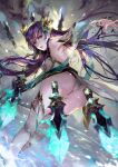 1girl absurdres armpits ass backless_outfit bangs blue_eyes breasts detached_sleeves from_behind headgear highres irelia knife league_of_legends long_hair looking_at_viewer looking_back outstretched_arm parted_lips purple_hair sash solo thighhighs vardan weapon 