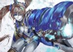  1girl arm_cannon blue_eyes breasts brown_hair character_request cleavage hair_ornament highres long_hair looking_at_viewer mecha_musume medium_breasts one_eye_closed solo thighhighs tower_of_saviors twintails vardan weapon 
