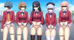 5girls ahoge annoyed bangs bar_censor beret black_hair black_headwear black_legwear black_panties blue_hair blue_neckwear blue_panties blue_sky blush bob_cut bow bow_panties bowtie braid breasts brown_hair buttons censored clenched_hand closed_mouth cloud collared_shirt commentary_request controller covered_nipples crotchless crotchless_panties daiaru day eyebrows_visible_through_hair facing_viewer fence flat_chest hair_intakes hair_ribbon hairband hand_up hands_up happy hat horikita_suzune ibuki_mio ichinose_honami_(youjitsu) identity_censor jacket kushida_kikyou legs_together lifted_by_self long_hair long_sleeves medium_breasts miniskirt mosaic_censoring mountain multiple_girls object_insertion open_clothes open_jacket orange_hair orange_panties orange_vest outdoors panties pink_panties pleated_skirt pocket profile pubic_hair pussy pussy_juice red_jacket remote_control remote_control_vibrator ribbon rooftop sakayanagi_arisu school_uniform see-through sex_toy shiny shiny_hair shiny_skin shirt short_hair sidelocks sideways_mouth skirt skirt_lift sky smile standing string_panties thighhighs tied_hair underwear vaginal vaginal_object_insertion vest vibrator vibrator_in_thighhighs white_hairband white_legwear white_ribbon white_shirt white_skirt youkoso_jitsuryoku_shijou_shugi_no_kyoushitsu_e 