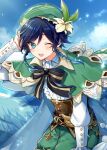  1boy bangs black_hair blue_hair blush bow braid cape cloud cloudy_sky day dvalin_(genshin_impact) eyebrows_visible_through_hair feathers flower frilled_sleeves frills gem genshin_impact gradient_hair green_eyes green_headwear hair_flower hair_ornament hand_on_own_head hat highres jewelry leaf light_particles long_sleeves looking_at_viewer male_focus multicolored_hair one_eye_closed open_mouth outdoors pinwheel ribbon sky smile solo sparkle tamano_mayo twin_braids venti_(genshin_impact) vision_(genshin_impact) white_flower 