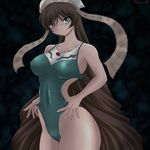  adjusting_clothes adjusting_swimsuit blush breasts brown_hair casual_one-piece_swimsuit covered_nipples heterochromia hips large_breasts long_hair lowres navel older one-piece_swimsuit rozen_maiden solo suiseiseki swimsuit very_long_hair wancozow wide_hips 