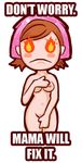  breast_hold breasts burning_eyes cooking_mama covering covering_crotch mama_(cooking_mama) nipples small_breasts solo 
