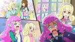  1boy 2girls :d ;o aikatsu!_(series) aikatsu_stars! alternate_costume bag blazer blonde_hair blue_bow blue_dress blue_eyes blue_jacket blue_neckwear blue_sailor_collar bow bowtie brown_hair brown_jacket checkered_hairband cherry_blossoms closed_mouth collared_shirt commentary_request cosplay crossdressing crossover crying crying_with_eyes_open curly_hair curtains day dress from_side green_eyes green_jacket hair_bow hair_intakes hair_ornament hair_over_shoulder hairband half-closed_eyes hand_to_own_mouth happy head_fins heart heart_hair_ornament heart_print highres hinata_yume holding holding_phone indoors jacket laura_(precure) long_hair long_sleeves looking_at_another mewkledreamy minamikawa_asahi multicolored multicolored_clothes multicolored_jacket multiple_girls multiple_views namesake necktie nijino_yume nijino_yume_(cosplay) one_eye_closed open_clothes open_jacket open_mouth otoko_no_ko outdoors own_hands_together parody pearl_hair_ornament phone pink_eyes pink_hair pink_shirt precure purple_hairband purple_jacket raised_eyebrows rin_takanashi_glacies sad sailor_collar sakuraba_rola sakuraba_rola_(cosplay) scene_reference school_bag school_briefcase school_uniform shirt short_dress shoulder_bag sideways_mouth sleepy sleeves_pushed_up smile smug star_(symbol) star_in_eye symbol_in_eye tearing_up tears thick_eyebrows tree tropical-rouge!_precure uneven_eyes upper_body v-shaped_eyebrows wavy_mouth window yawning yellow_jacket yotsuboshi_academy_uniform 