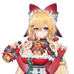  +_+ 1girl bare_shoulders bell blonde_hair blue_eyes blush bow breasts buttons cherry christmas cleavage closed_mouth cropped dog double-breasted dress elbow_gloves eyebrows_visible_through_hair fingerless_gloves food fruit fur_trim gloves hair_between_eyes hair_bow hair_intakes hair_ornament hairclip hands_up highres large_breasts long_hair looking_at_viewer original ponytail red_dress red_gloves sash shiny shiny_hair simple_background skin_tight smile star_(symbol) star_hair_ornament strapless strapless_dress sunligh_mao tattoo tsurime turtleneck underbust upper_body very_long_hair white_background 
