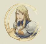  1girl agrias_oaks armor beige_background blonde_hair braid breastplate brown_eyes closed_mouth film_grain final_fantasy final_fantasy_tactics knight long_hair looking_at_viewer pauldrons shoulder_armor simple_background solo traditional_media turtleneck upper_body watercolor_(medium) windcaller 