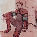  1boy armor boots brick brick_wall brown_footwear brown_hair character_request crossbow film_grain final_fantasy final_fantasy_tactics grass male_focus pauldrons red_eyes red_theme shoulder_armor sitting solo traditional_media turtleneck vambraces watercolor_(medium) weapon windcaller 