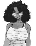  1girl black_hair breasts cleavage dark_skin dark_skinned_female freckles glasses large_breasts long_hair original parted_lips simple_background smile solo striped_tank_top tank_top upper_body white_background whoopsatro 