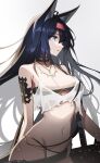  1girl animal_ears arknights arm_tattoo bikini bikini_bottom black_hair black_tubetop blaze_(arknights) blue_eyes eyebrows_visible_through_hair fang floating_hair hairband highres leaning_to_the_side long_hair looking_to_the_side midriff navel ness_(pjw0168) open_mouth red_hairband solo strapless swimsuit tattoo tubetop white_bikini wolf_ears wolf_girl 