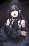  1girl bare_shoulders black_choker black_dress black_hair blue_eyes choker collarbone dress final_fantasy final_fantasy_xiv frilled_choker frills gaia_(ff14) highres long_hair off-shoulder_dress off_shoulder parted_lips red_lips sakurami_sumi solo 