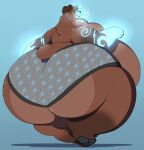  2018 anthro arm_markings belly big_belly big_butt bjorn_(sturattyfur) black_eyes blue_background blue_body blue_fur blue_markings blue_sclera brown_bear brown_body brown_fur bubble_butt butt butt_focus clothed clothing digital_media_(artwork) druid electricity facial_markings fur fur_markings gradient_background grizzly_bear head_markings hi_res huge_butt huge_hips huge_thighs hyper hyper_butt hyper_thighs looking_back magic_user male mammal markings multicolored_body multicolored_fur musical_note obese obese_anthro obese_male overweight overweight_anthro overweight_male pattern_clothing pattern_underwear pawpads rakashama rear_view shadow short_tail simple_background smile solo thick_thighs topless tribal tribal_markings tribal_spellcaster underwear ursid ursine 