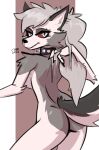  2021 anthro breasts butt canid canid_demon capaoculta collar collar_only demon female fur grey_body grey_fur grey_hair hair hand_in_hair hellhound helluva_boss hi_res looking_at_viewer loona_(vivzmind) mammal mostly_nude pupils red_sclera side_boob slit_pupils solo spiked_collar spikes touching_hair white_body white_eyes white_fur 