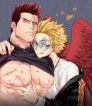  2boys :q absurdres bandaid bare_pecs black_shirt blonde_hair boku_no_hero_academia couple facial_hair feathered_wings grabbing greyscale hawks_(boku_no_hero_academia) helen_roro hickey highres large_pectorals lifted_by_another male_focus mature_male monochrome multiple_boys muscular muscular_male nipple_piercing nipples pectoral_grab piercing red_hair red_wings scar scar_across_eye scar_on_chest shirt shirt_lift short_hair sideburns spiked_hair stubble todoroki_enji tongue tongue_out wings yaoi 