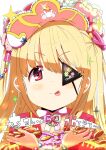  1girl absurdres backlighting bangs blonde_hair blurry coin commentary_request eyepatch futaba_anzu hat highres idolmaster idolmaster_cinderella_girls long_hair profile red_eyes sleepfool solo sparkle tongue tongue_out translation_request 