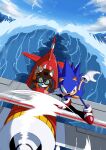  2boys aircraft airplane banel_springer blue_hair cloud ears ears_through_headwear flying gloves goggles highres male_focus multiple_boys ocean propeller shoes sky sonic_(series) sonic_the_hedgehog sonic_the_hedgehog_(classic) spiked_hair tagme tail tails_(sonic) water 