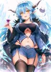  1girl ahoge alternate_costume black_legwear blue_coat blue_hair blue_nails blue_skirt blush breasts cleavage cleavage_cutout clothing_cutout coat cocktail_glass commentary cowboy_shot cup daifuku_(yukihana_lamy) dark_persona demon_horns drinking_glass eyebrows_visible_through_hair fangs flower fur_trim garter_straps hair_between_eyes hair_flower hair_ornament haoni heart_ahoge highres holding holding_cup hololive horn_ornament horns ice large_breasts light_blue_hair long_hair looking_at_viewer midriff miniskirt multicolored_hair nail_polish navel open_mouth piercing revision side_slit skindentation skirt smile solo streaked_hair thighhighs thighs tiara tsurime two-tone_hair underboob virtual_youtuber yellow_eyes yukihana_lamy 