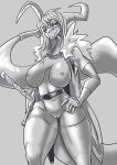  2021 absurd_res anthro big_breasts booohira breasts cape clothing dragon female fingerless_gloves genitals gloves greyscale hand_on_hip handwear hi_res horn looking_at_viewer melee_weapon monochrome nipples non-mammal_breasts pussy scar simple_background solo sword weapon 