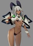  10mo 1girl :&lt; adapted_costume animal_ears black_panties breasts brown_eyes bunny_ears capelet contrapposto covered_nipples cuffs dark_skin dark_skinned_female eyebrows_visible_through_hair fake_animal_ears grey_background guilty_gear guilty_gear_xrd heart_pasties highleg highleg_panties highres looking_at_viewer medium_breasts medium_hair micro_panties navel panties pasties ramlethal_valentine silver_hair simple_background solo standing stomach toned underwear wrist_cuffs 