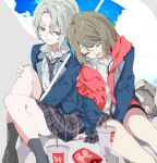  2girls bangs blonde_hair blue_eyes blue_jacket brown_hair closed_eyes cup drooling food french_fries grey_neckwear hand_on_own_knee head_on_another&#039;s_shoulder highres holding holding_umbrella hood hoodie hoshino_riya iwanaga_shizu jacket multiple_girls na_ta53 necktie open_mouth plaid plaid_skirt project_cold red_hoodie school_uniform shirt short_hair sitting skirt smile umbrella white_shirt 