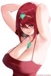  1girl armpits arms_behind_head arms_up bangs bare_shoulders blush breasts camisole chest_jewel cleavage closed_mouth collarbone highres large_breasts looking_at_viewer pyra_(xenoblade) red_eyes red_hair short_hair sidelocks simple_background smile solo swept_bangs tiara tofuubear white_background xenoblade_chronicles_(series) xenoblade_chronicles_2 